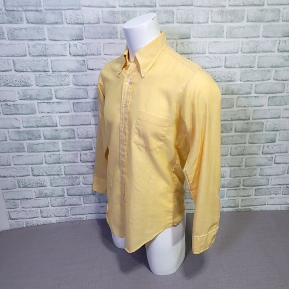 Vintage 60s 70s Mens 15.5/34 Yellow Knit Polyester Button Up Long Sleeve Shirt - Picture 3 of 6